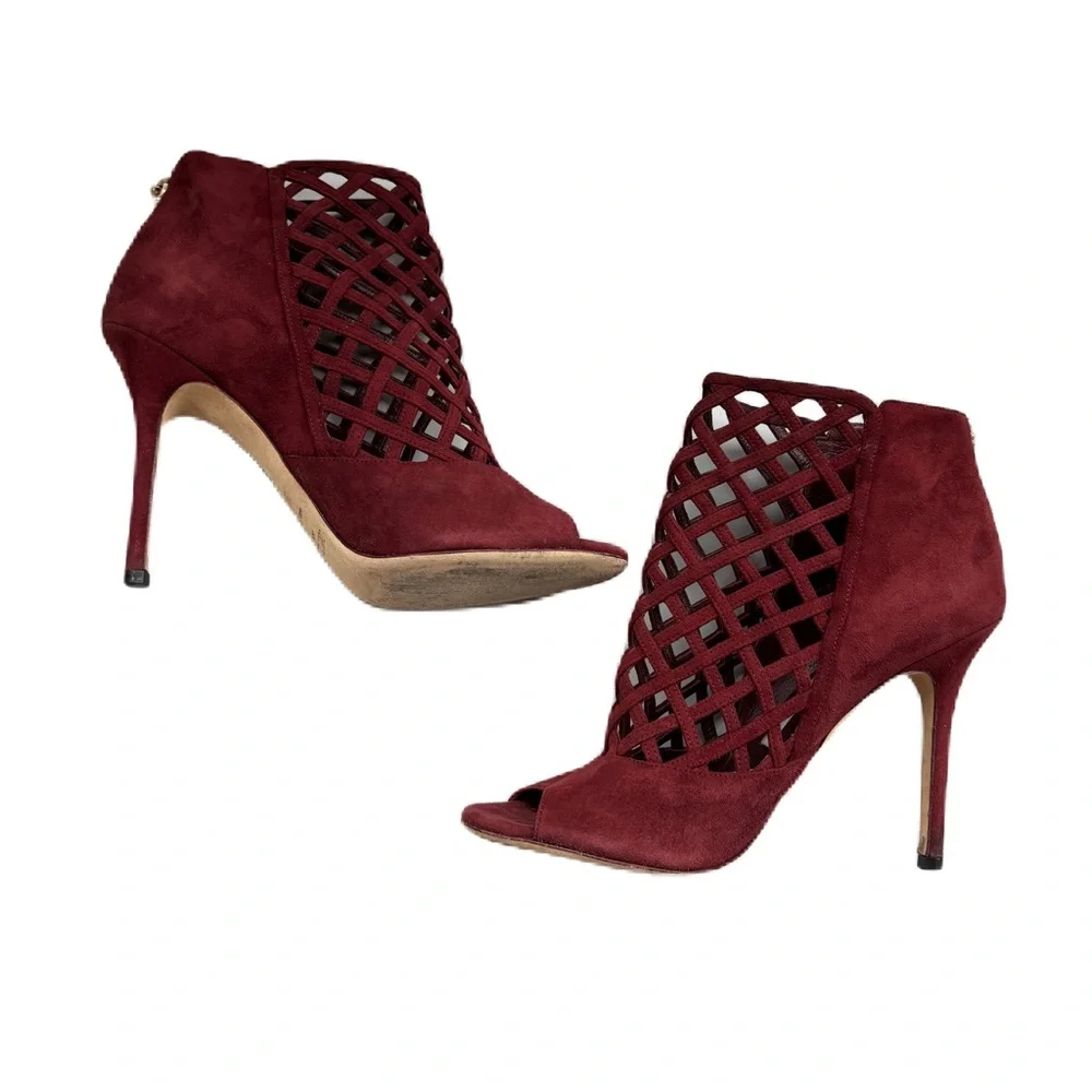 Jimmy Choo Claret Suede Drift Cutout Stiletto Heels Caged‎ Size 38.5 Size 38 1/2